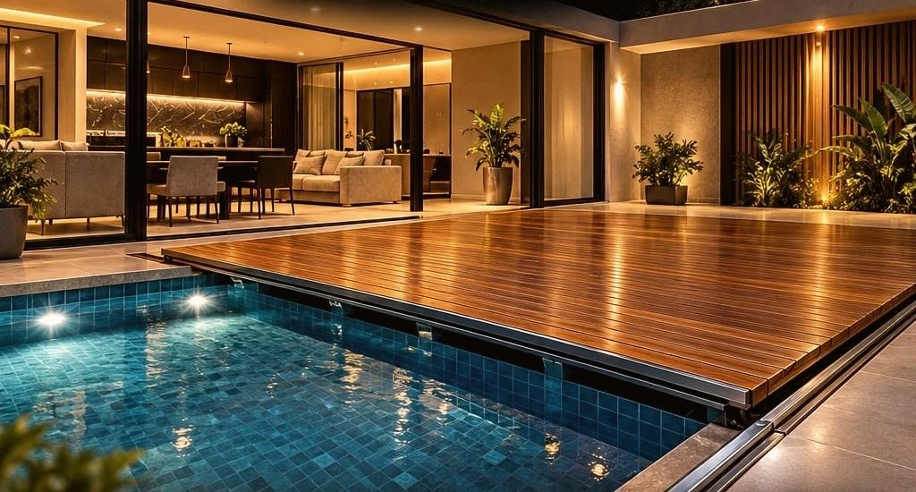 Piscina com deck de madeira retrátil recolhido sobre parte da água, à noite