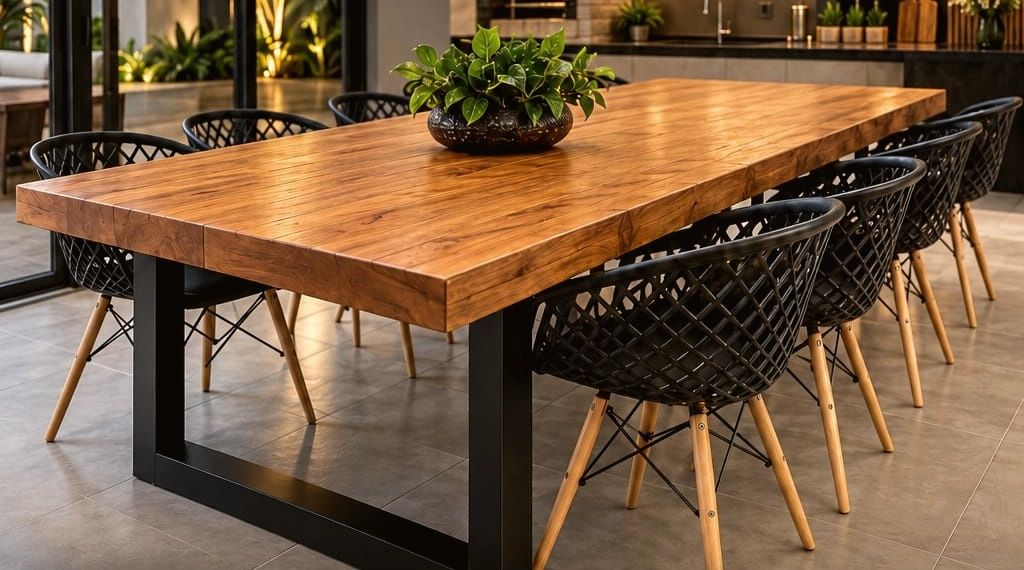 Mesa de madeira maciça com base de ferro preta e cadeiras ao redor